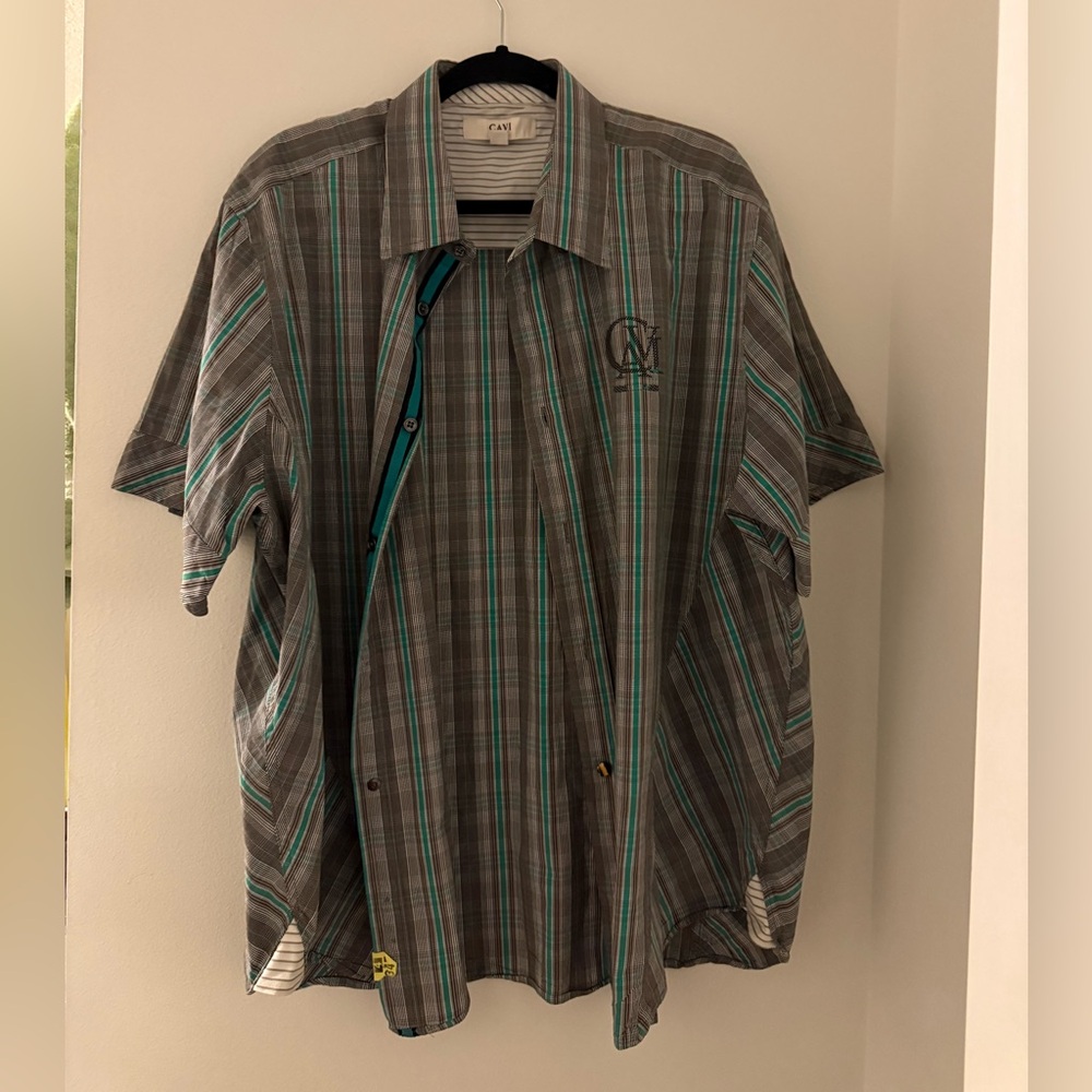 Cavi Mens Shirt Short Sleeve Button Front Plaid Pattern Blue Gray 3XL